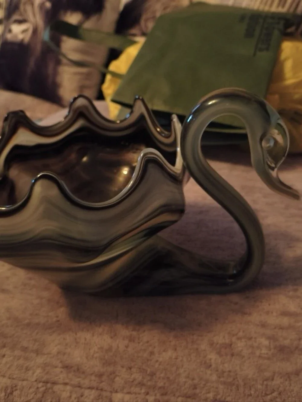 Handblown Glass Swan Bowl in Black An White